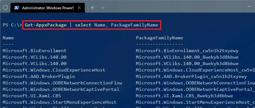 Get-AppxPackage | select Name, PackageFamilyName